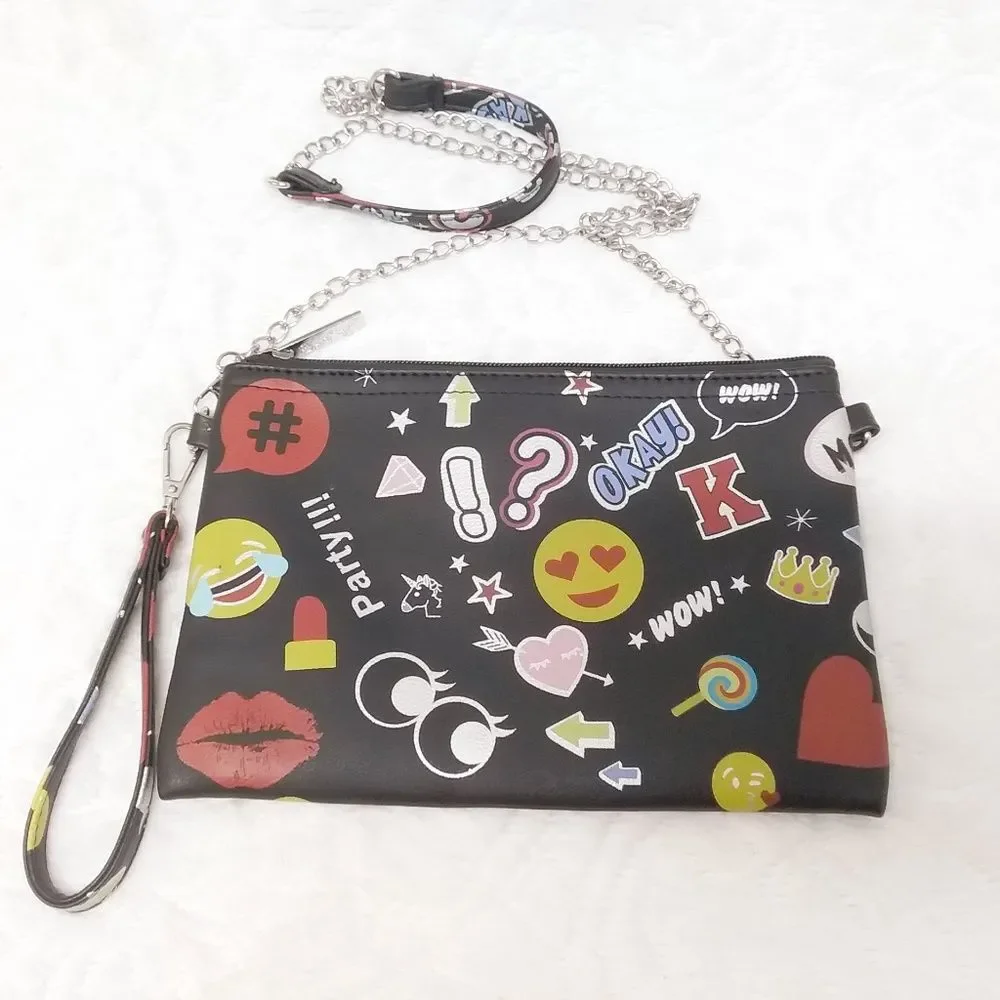 Bari Lynn Purse Convertible Crossbody Wristlet Colorful Emoji and Word Graphics